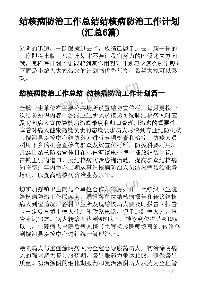 结核病防治工作总结 结核病防治工作计划(汇总6篇)