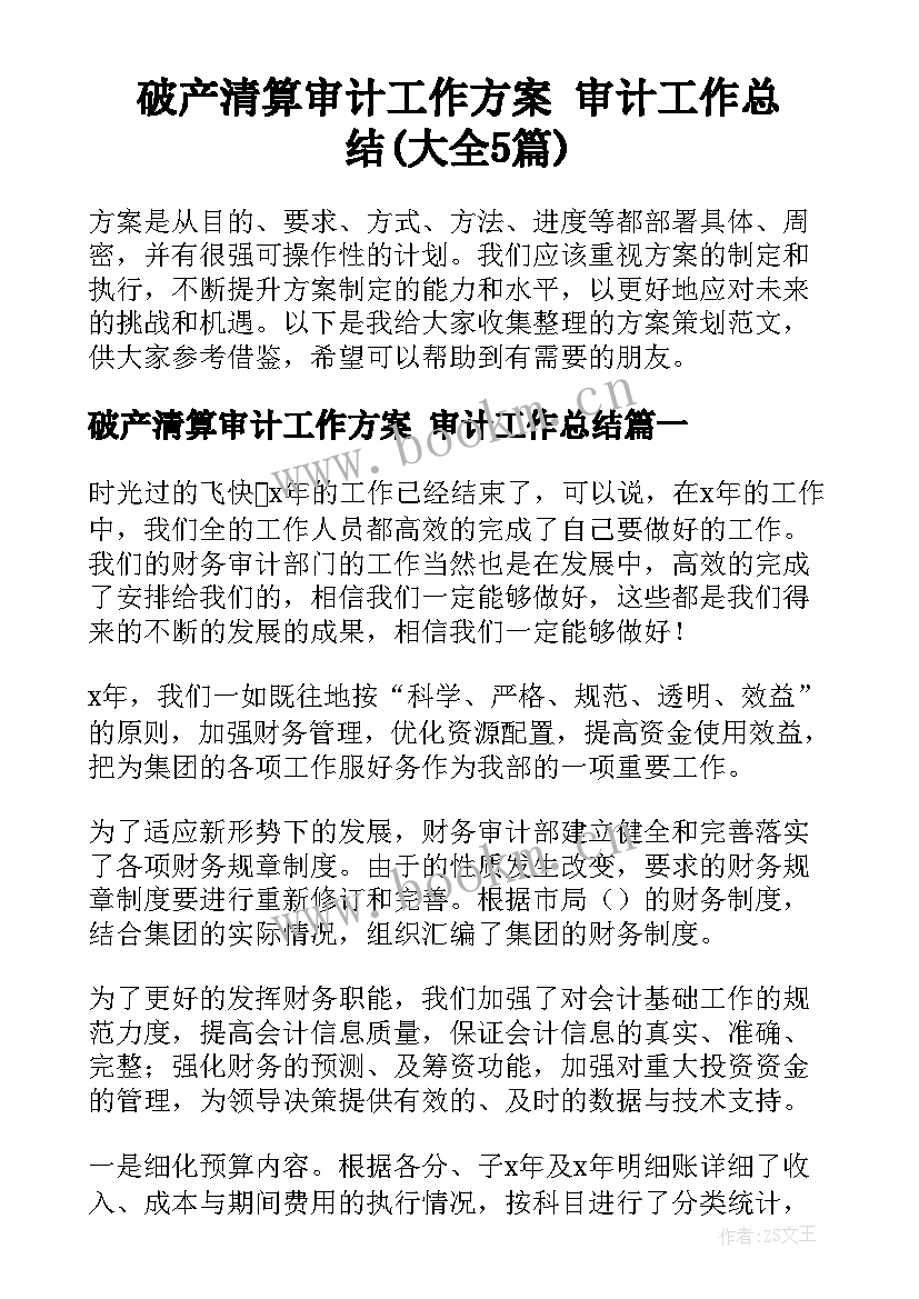 破产清算审计工作方案 审计工作总结(大全5篇)