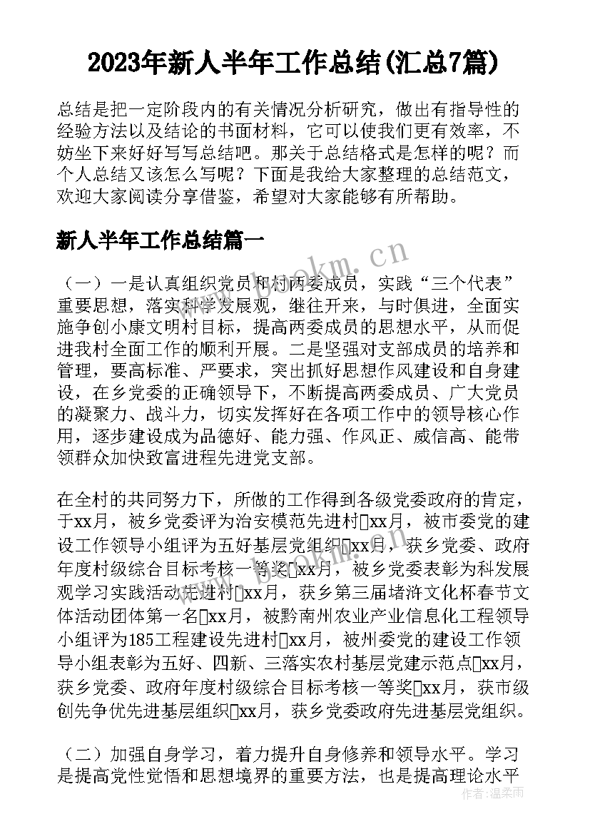 2023年新人半年工作总结(汇总7篇)