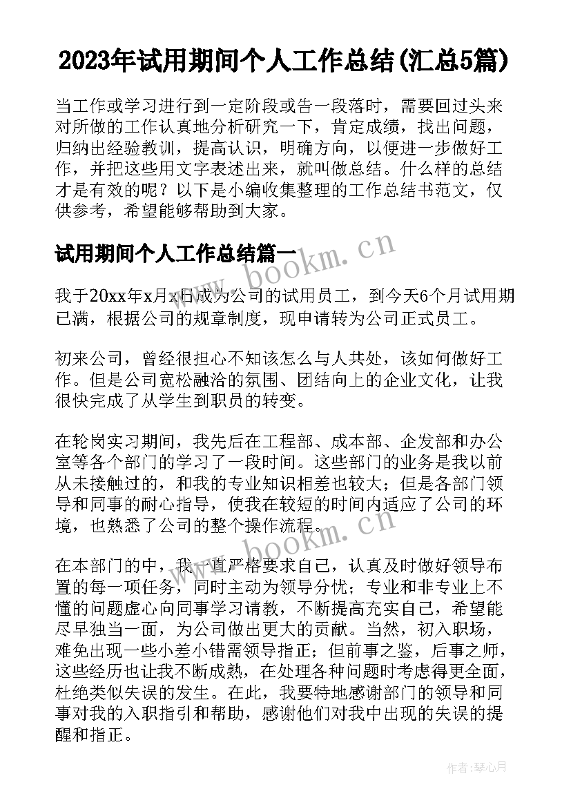 2023年试用期间个人工作总结(汇总5篇)