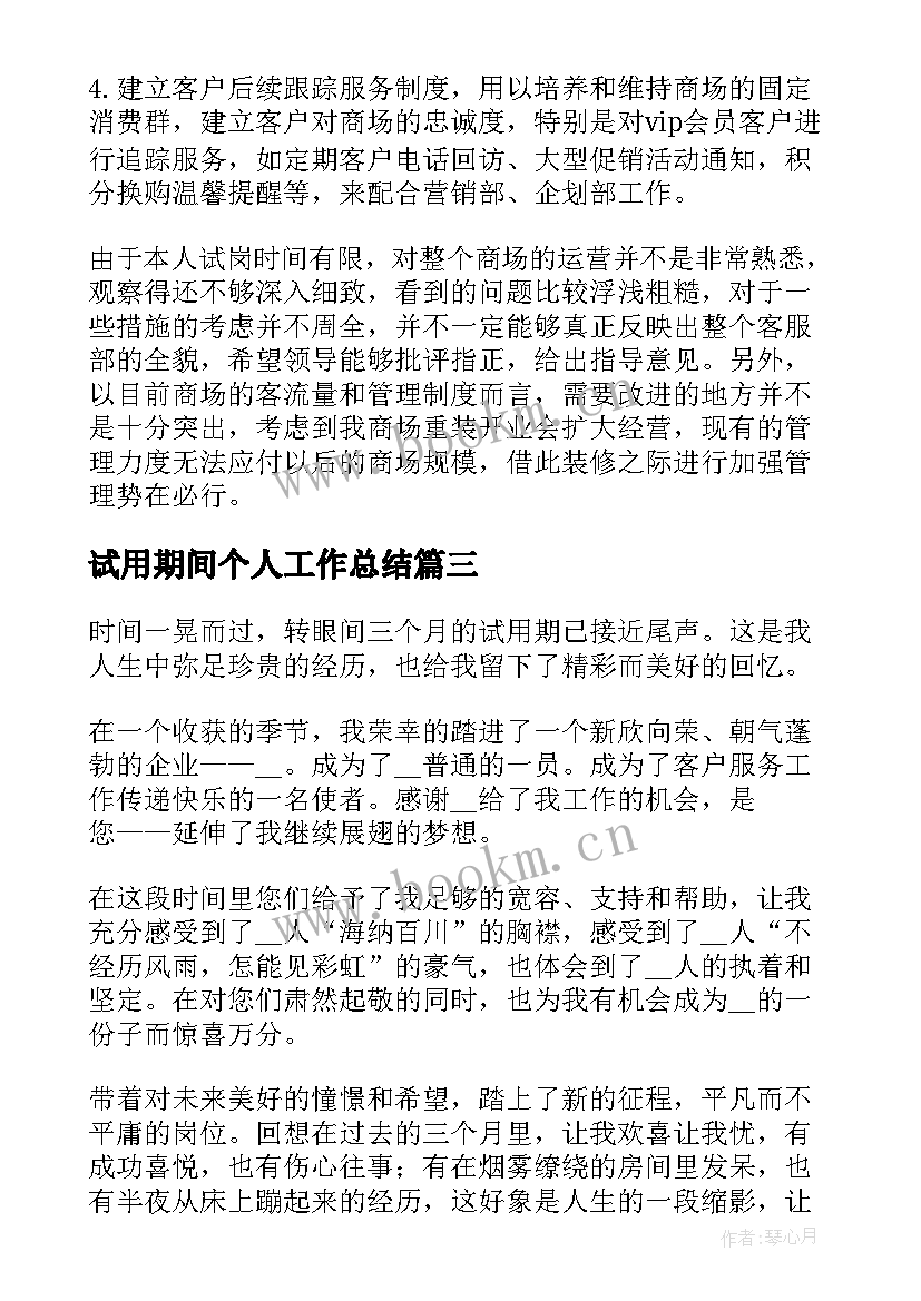 2023年试用期间个人工作总结(汇总5篇)