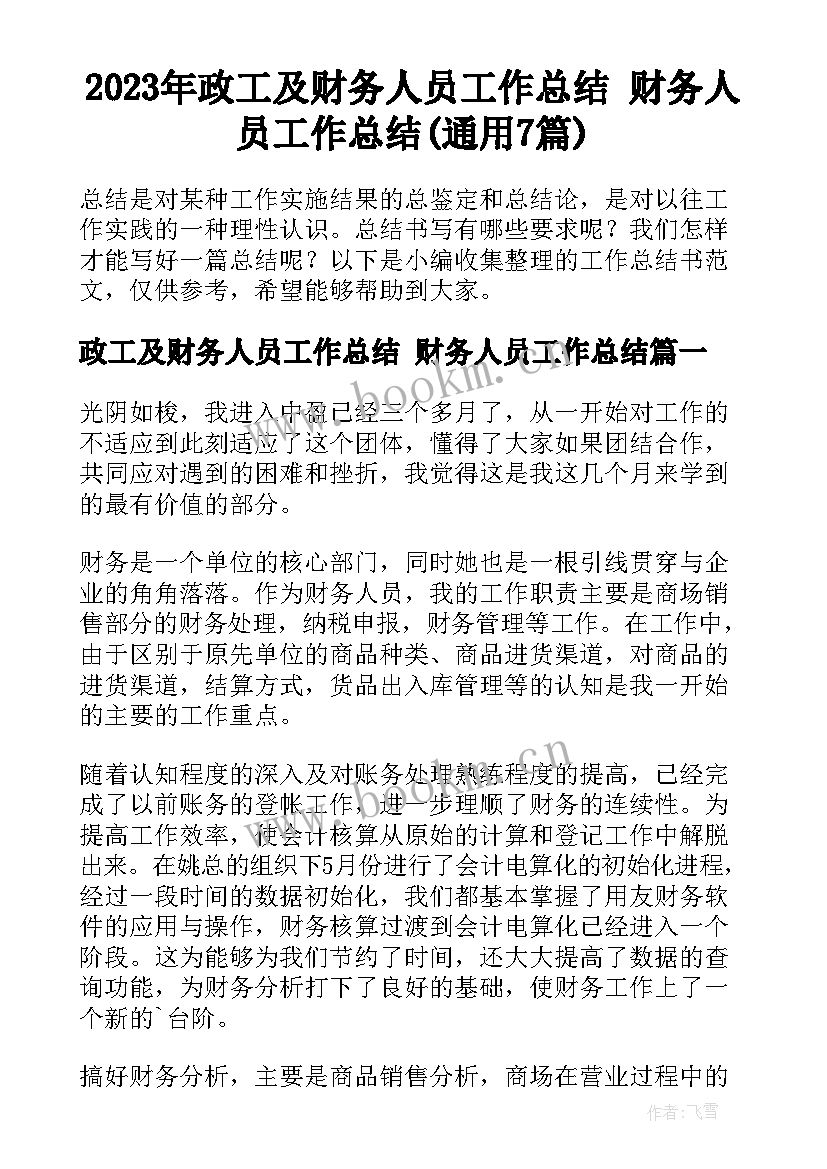 2023年政工及财务人员工作总结 财务人员工作总结(通用7篇)