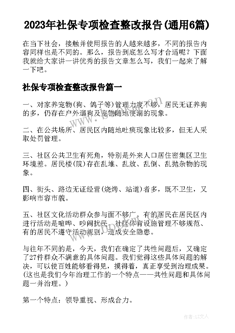 2023年社保专项检查整改报告(通用6篇)