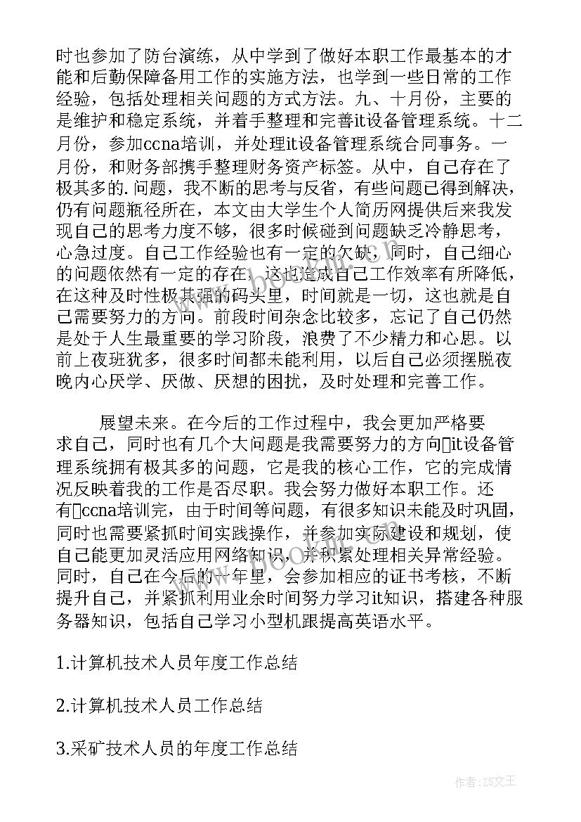 初级计算机技术工作总结 计算机技术人员年度工作总结(精选7篇)