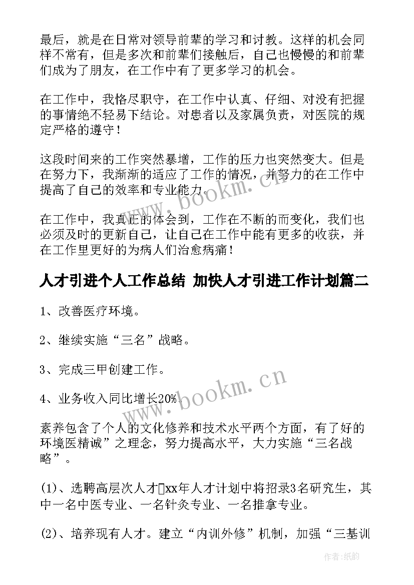 最新人才引进个人工作总结 加快人才引进工作计划(模板7篇)