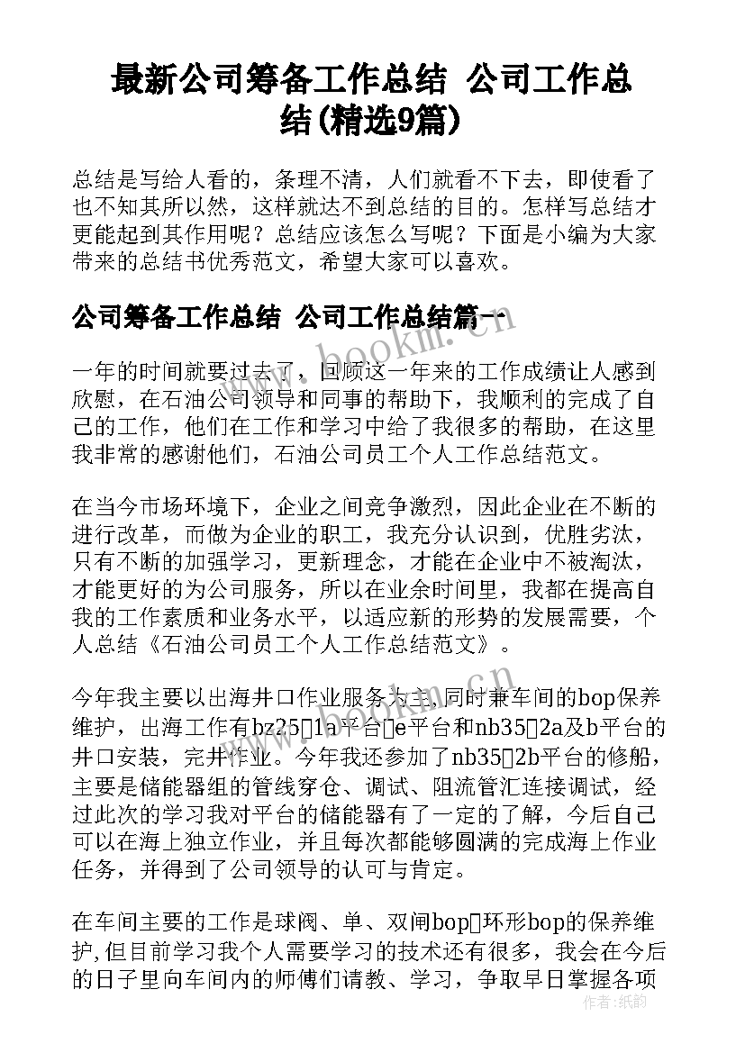 最新公司筹备工作总结 公司工作总结(精选9篇)