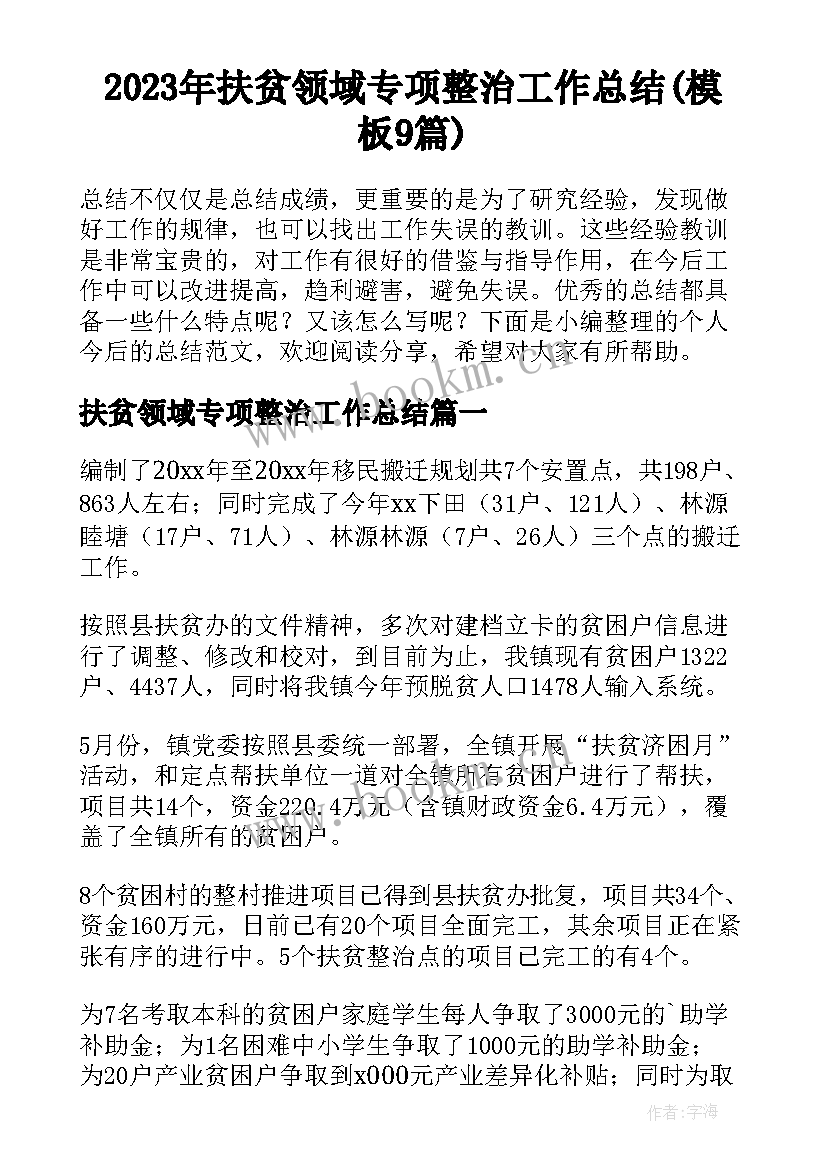 2023年扶贫领域专项整治工作总结(模板9篇)