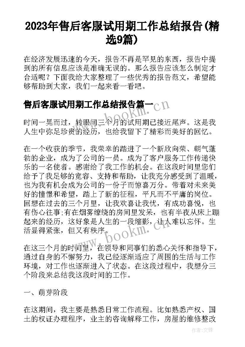 2023年售后客服试用期工作总结报告(精选9篇)