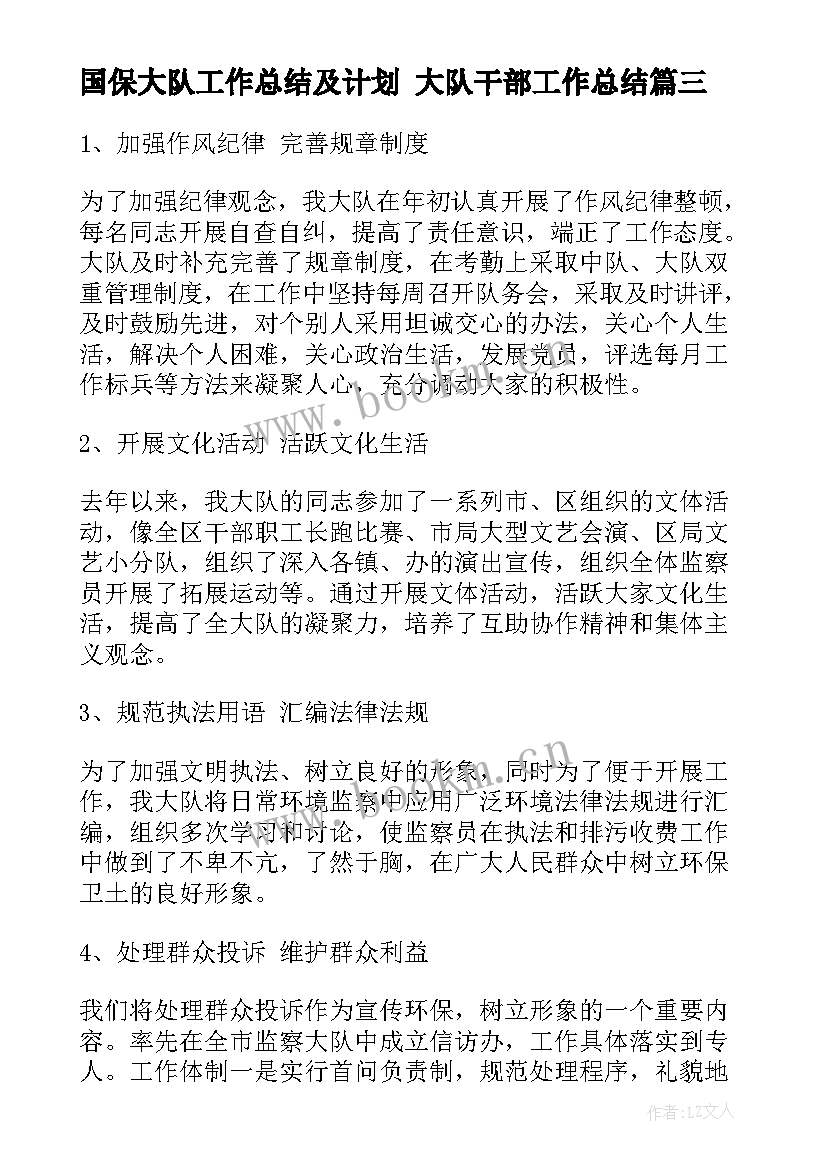 最新国保大队工作总结及计划 大队干部工作总结(优秀7篇)