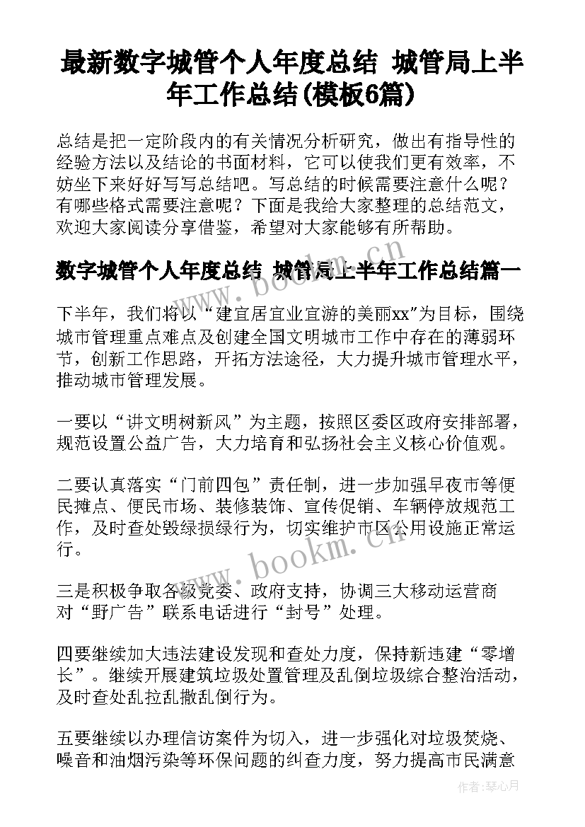 最新数字城管个人年度总结 城管局上半年工作总结(模板6篇)