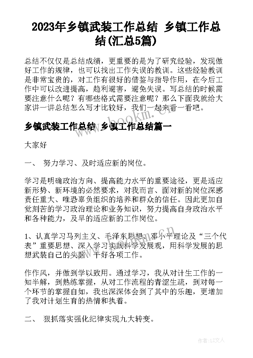 2023年乡镇武装工作总结 乡镇工作总结(汇总5篇)