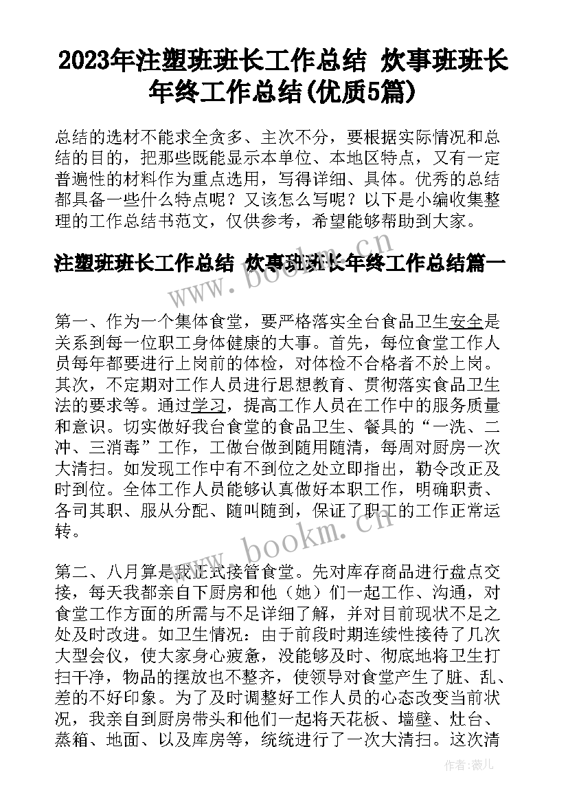 2023年注塑班班长工作总结 炊事班班长年终工作总结(优质5篇)