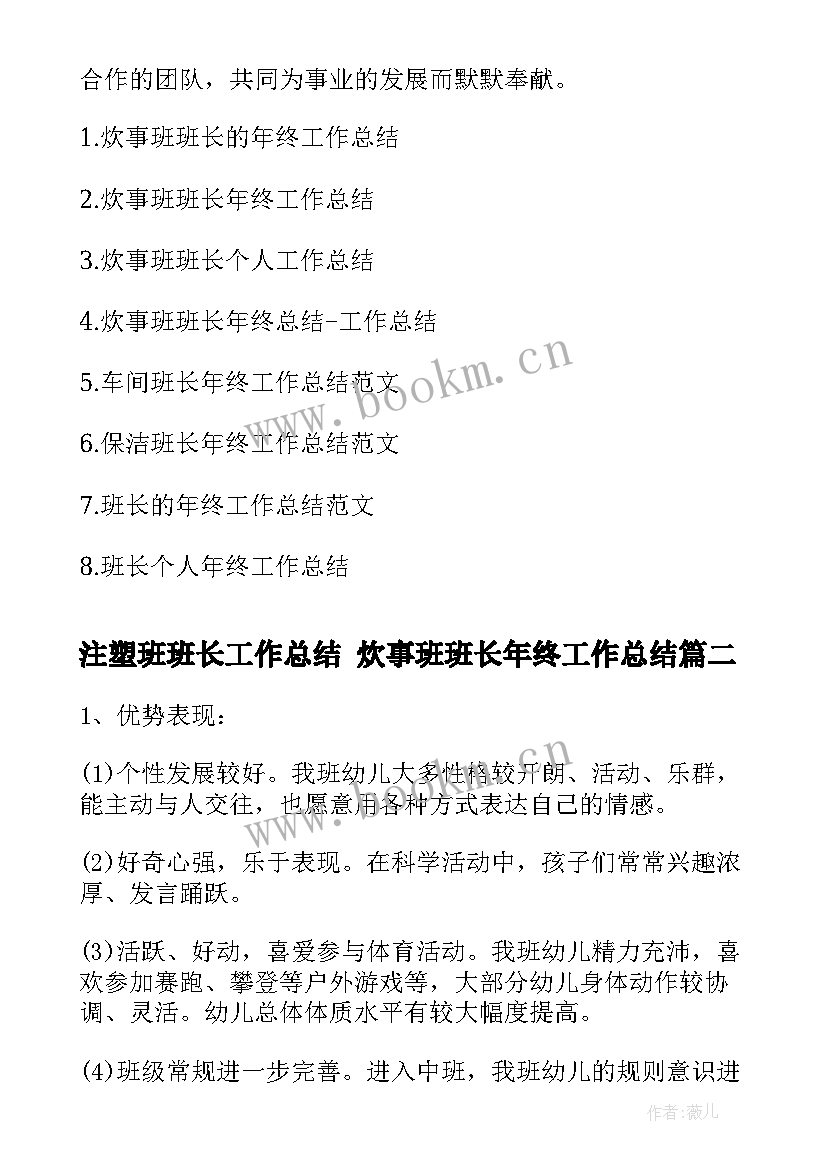 2023年注塑班班长工作总结 炊事班班长年终工作总结(优质5篇)