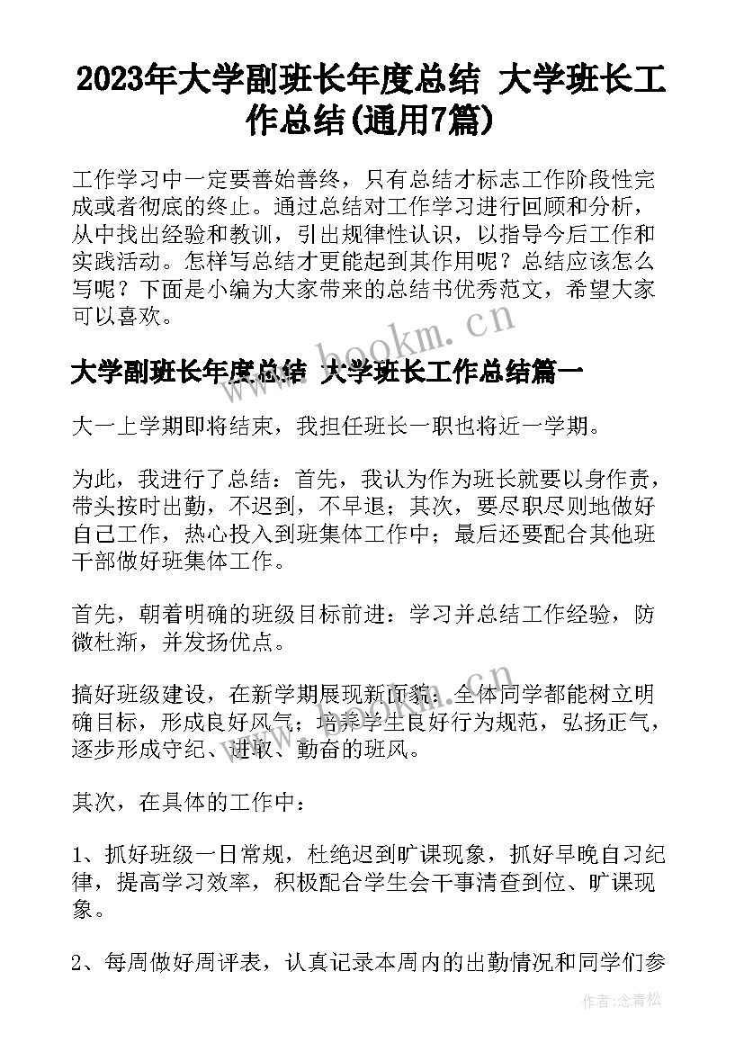 2023年大学副班长年度总结 大学班长工作总结(通用7篇)