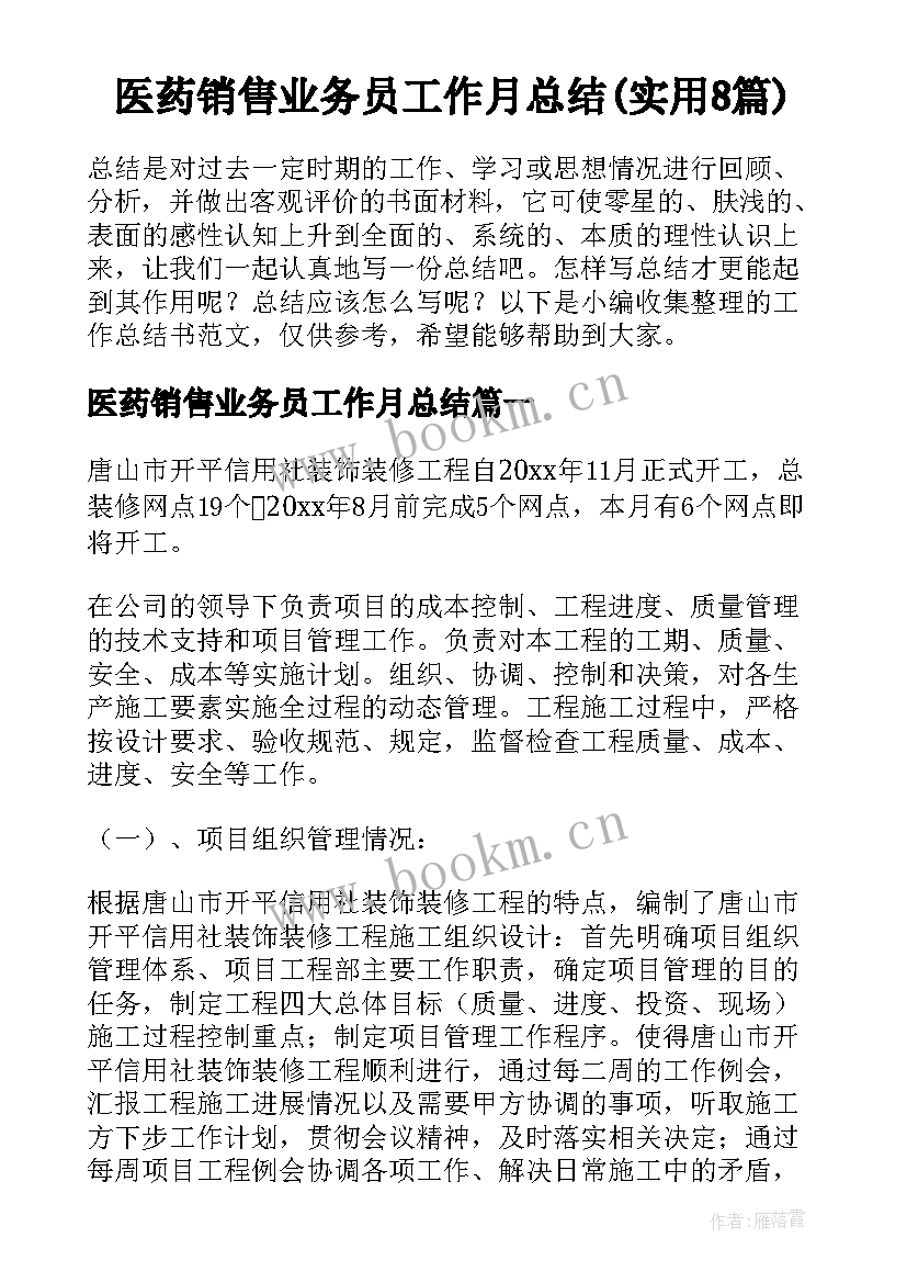 医药销售业务员工作月总结(实用8篇)