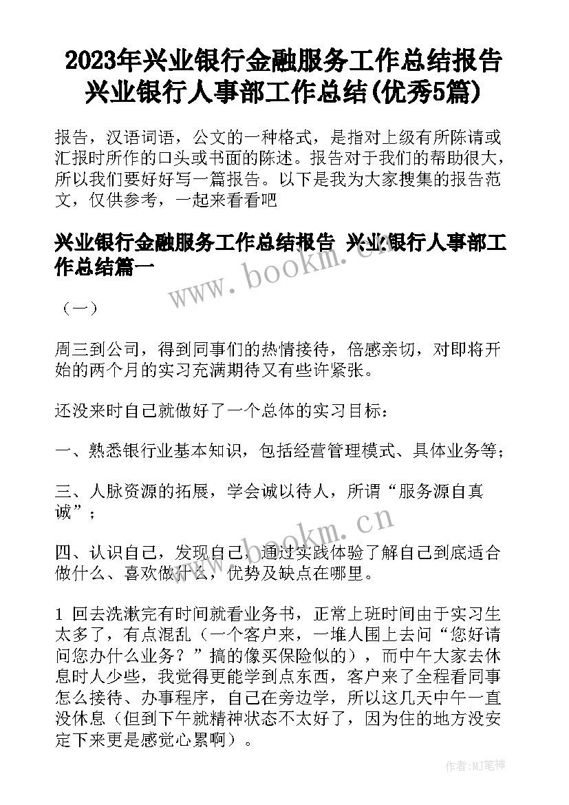 2023年兴业银行金融服务工作总结报告 兴业银行人事部工作总结(优秀5篇)