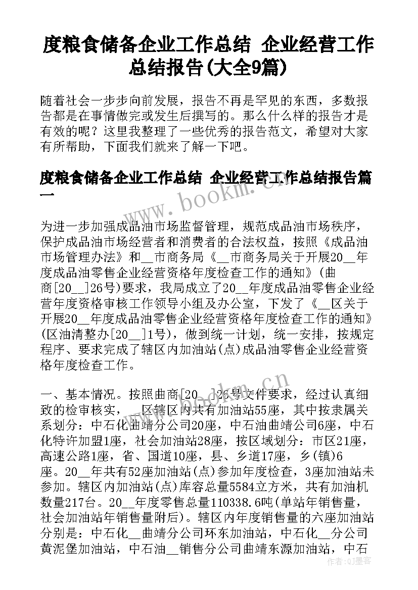 度粮食储备企业工作总结 企业经营工作总结报告(大全9篇)