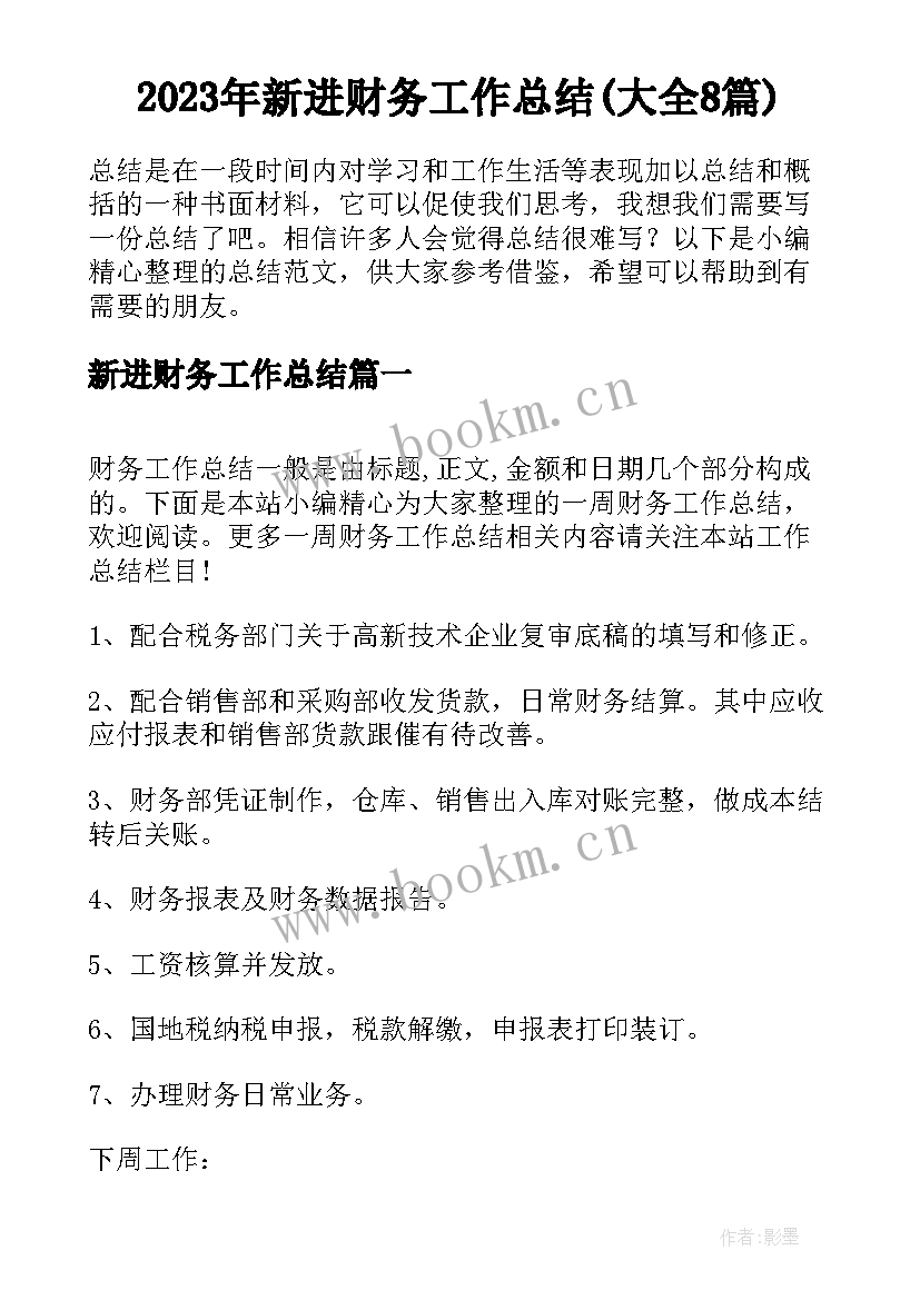 2023年新进财务工作总结(大全8篇)