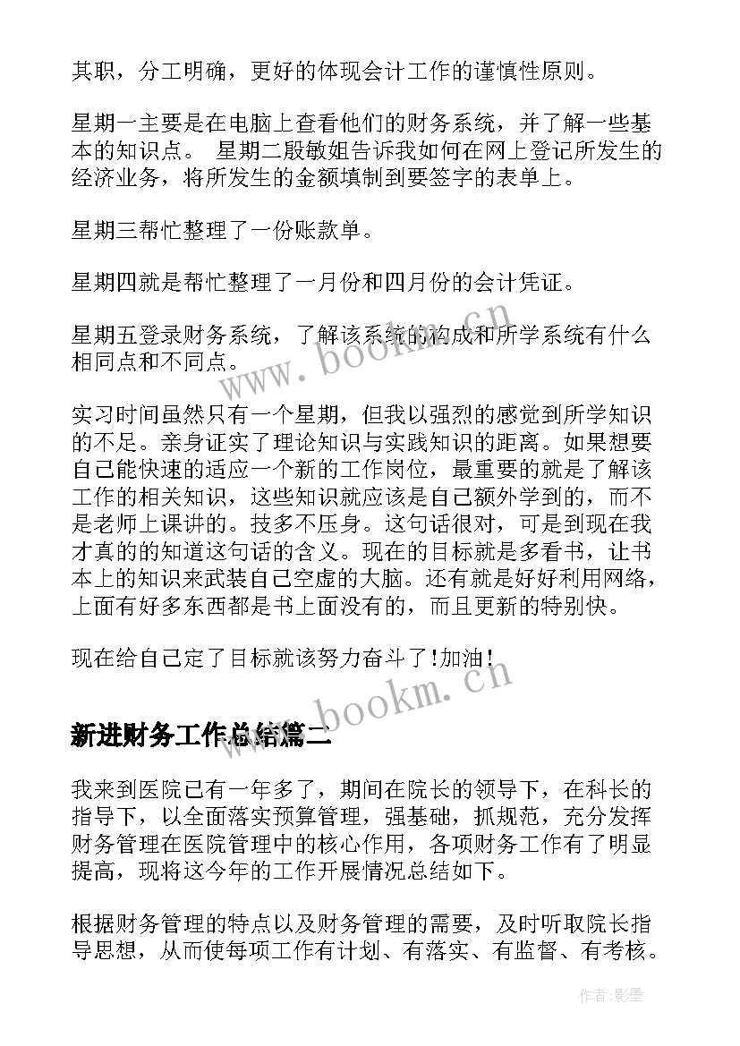 2023年新进财务工作总结(大全8篇)