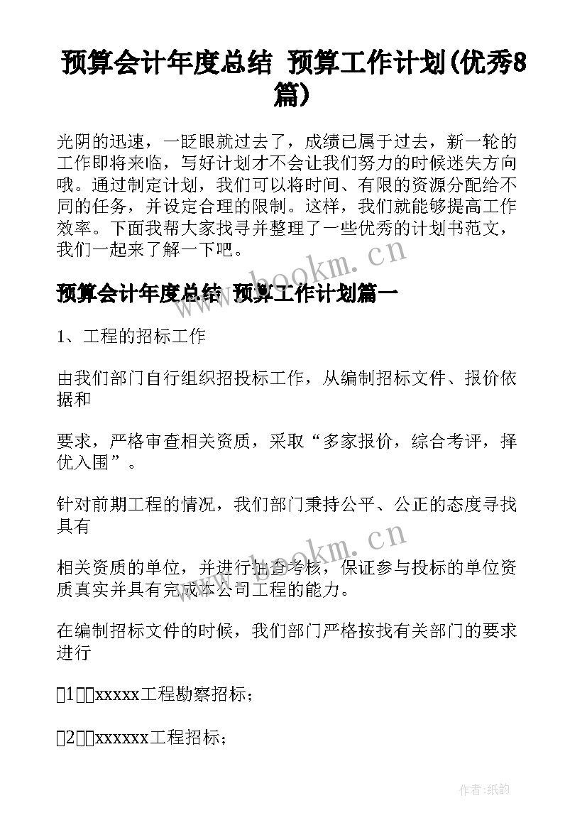 预算会计年度总结 预算工作计划(优秀8篇)