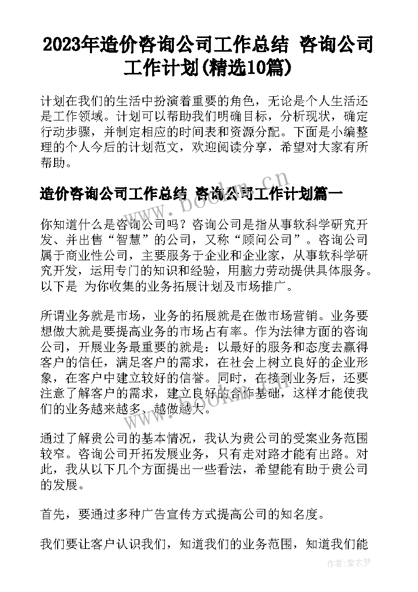 2023年造价咨询公司工作总结 咨询公司工作计划(精选10篇)