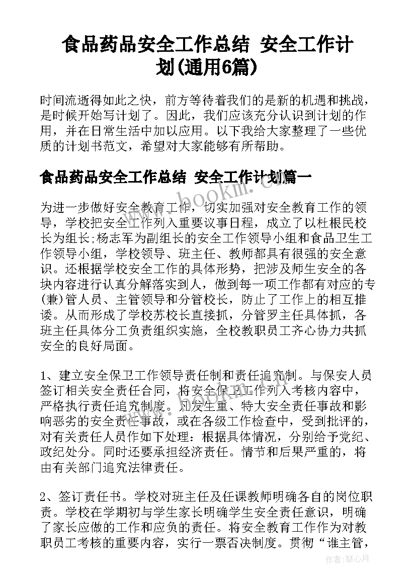 食品药品安全工作总结 安全工作计划(通用6篇)