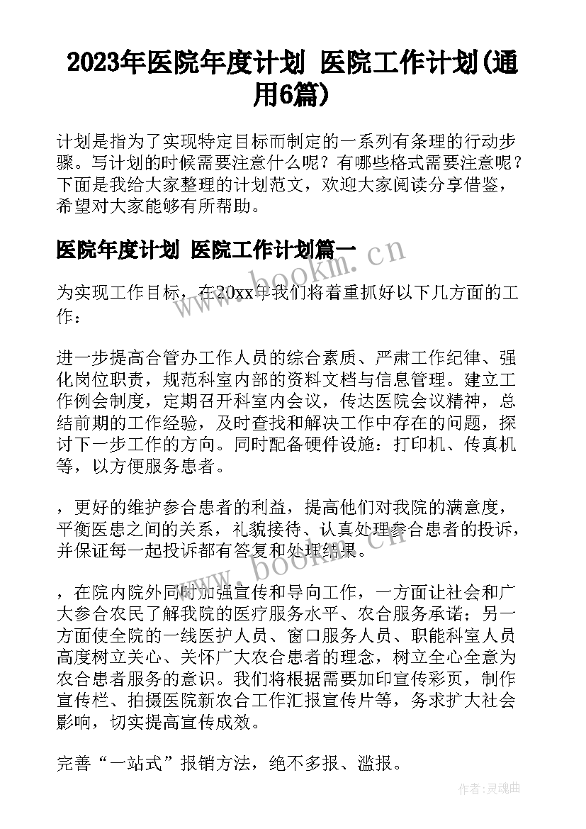 2023年医院年度计划 医院工作计划(通用6篇)