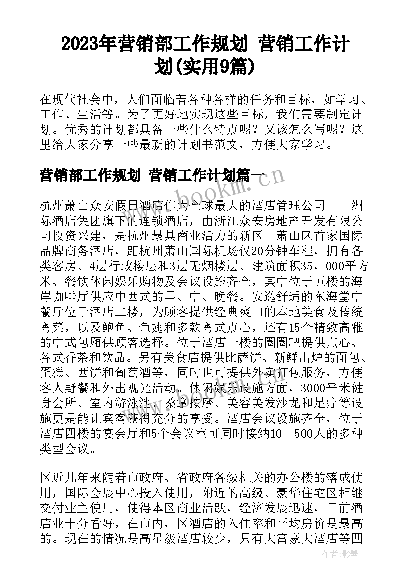 2023年营销部工作规划 营销工作计划(实用9篇)