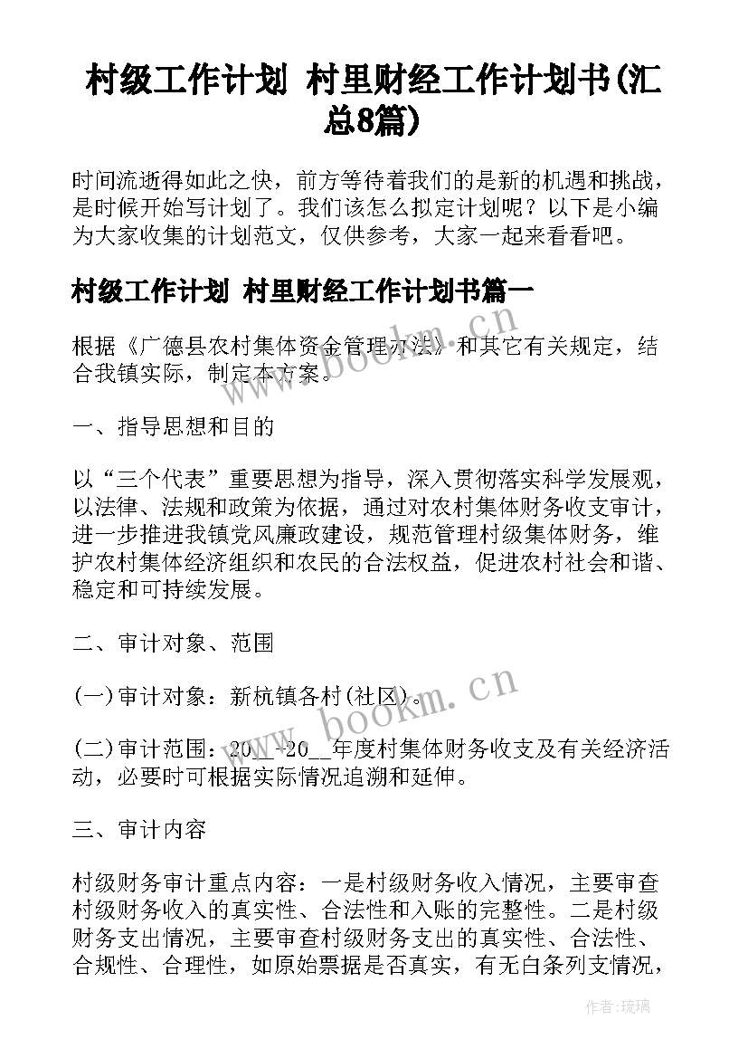 村级工作计划 村里财经工作计划书(汇总8篇)