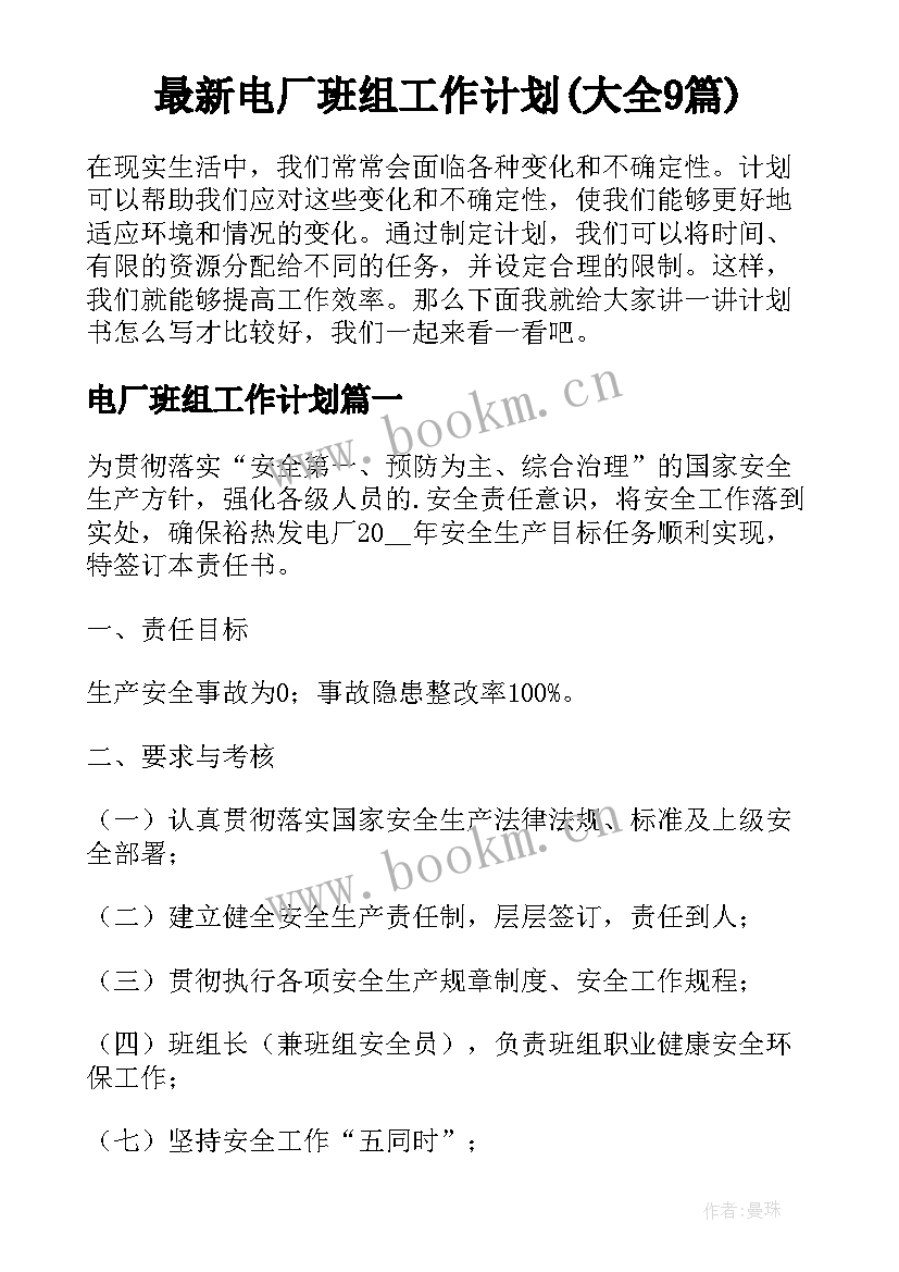 最新电厂班组工作计划(大全9篇)