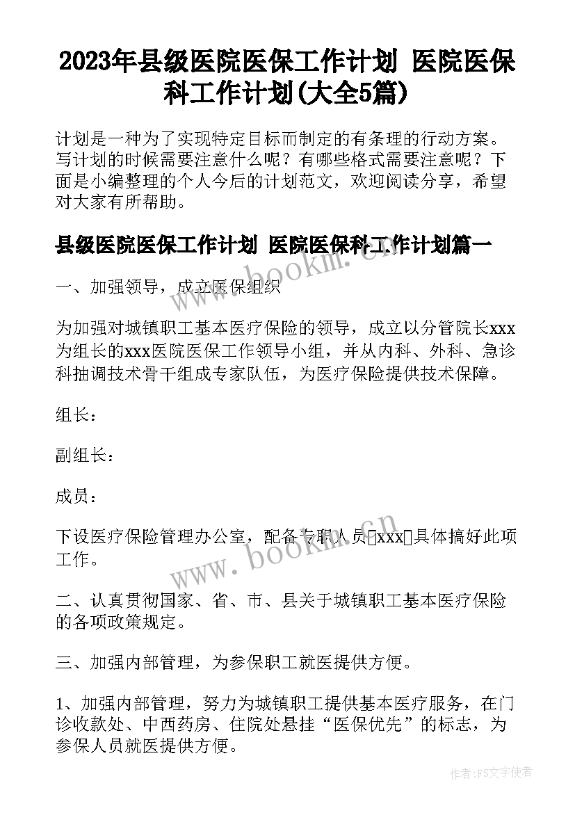 2023年县级医院医保工作计划 医院医保科工作计划(大全5篇)