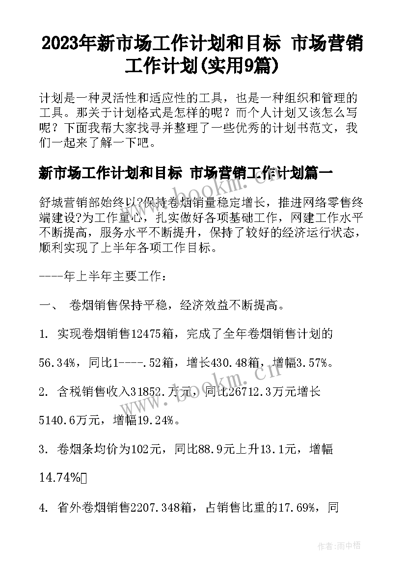 2023年新市场工作计划和目标 市场营销工作计划(实用9篇)