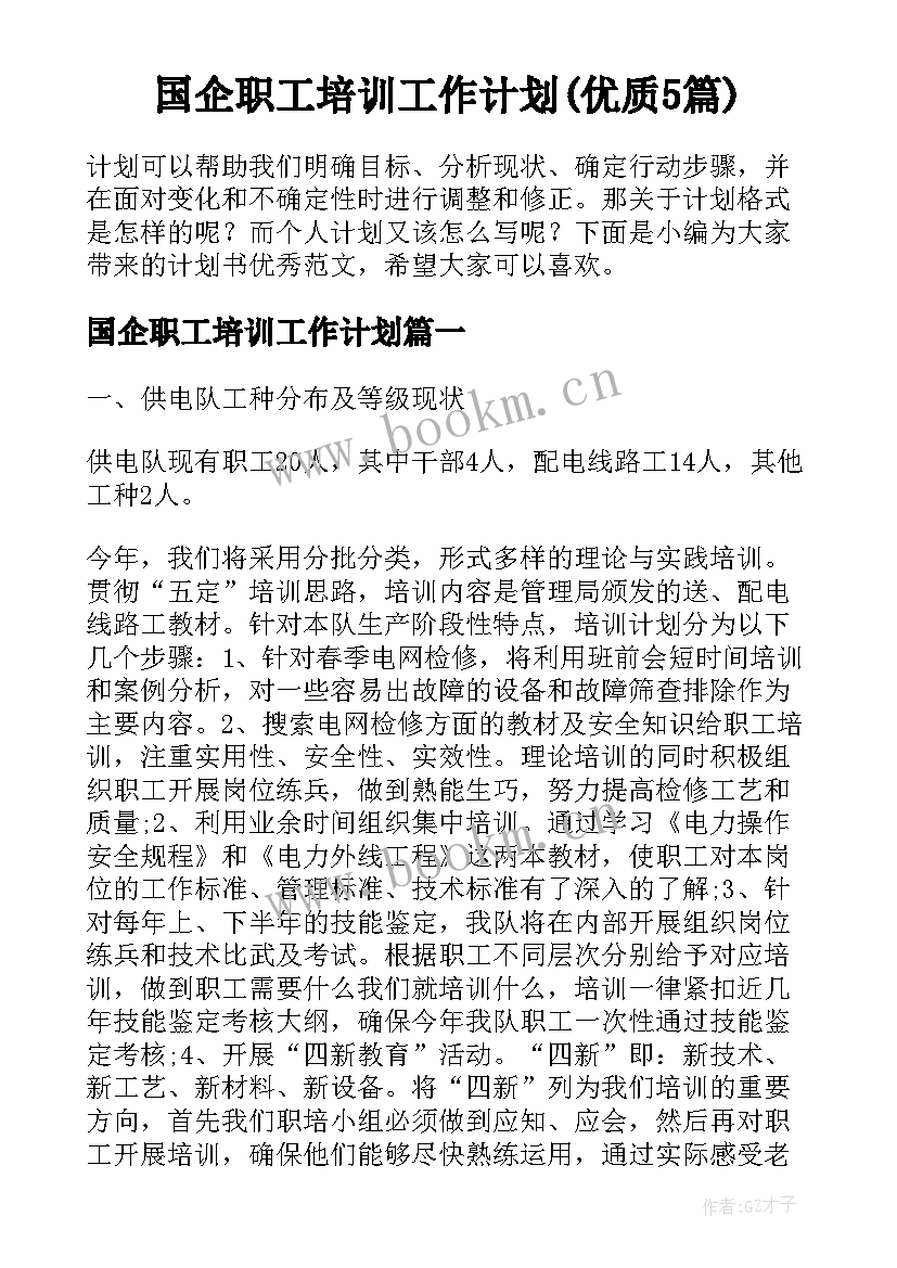 国企职工培训工作计划(优质5篇)