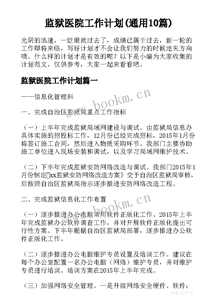 监狱医院工作计划(通用10篇)