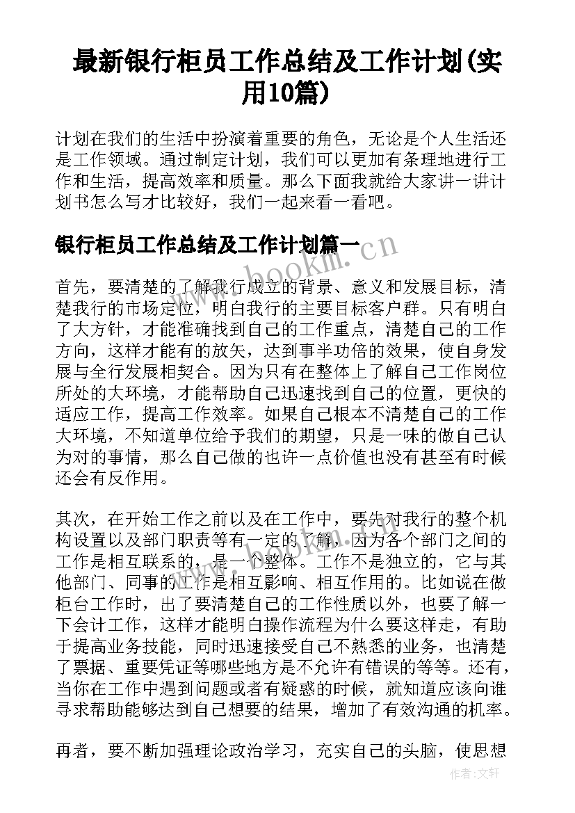 最新银行柜员工作总结及工作计划(实用10篇)