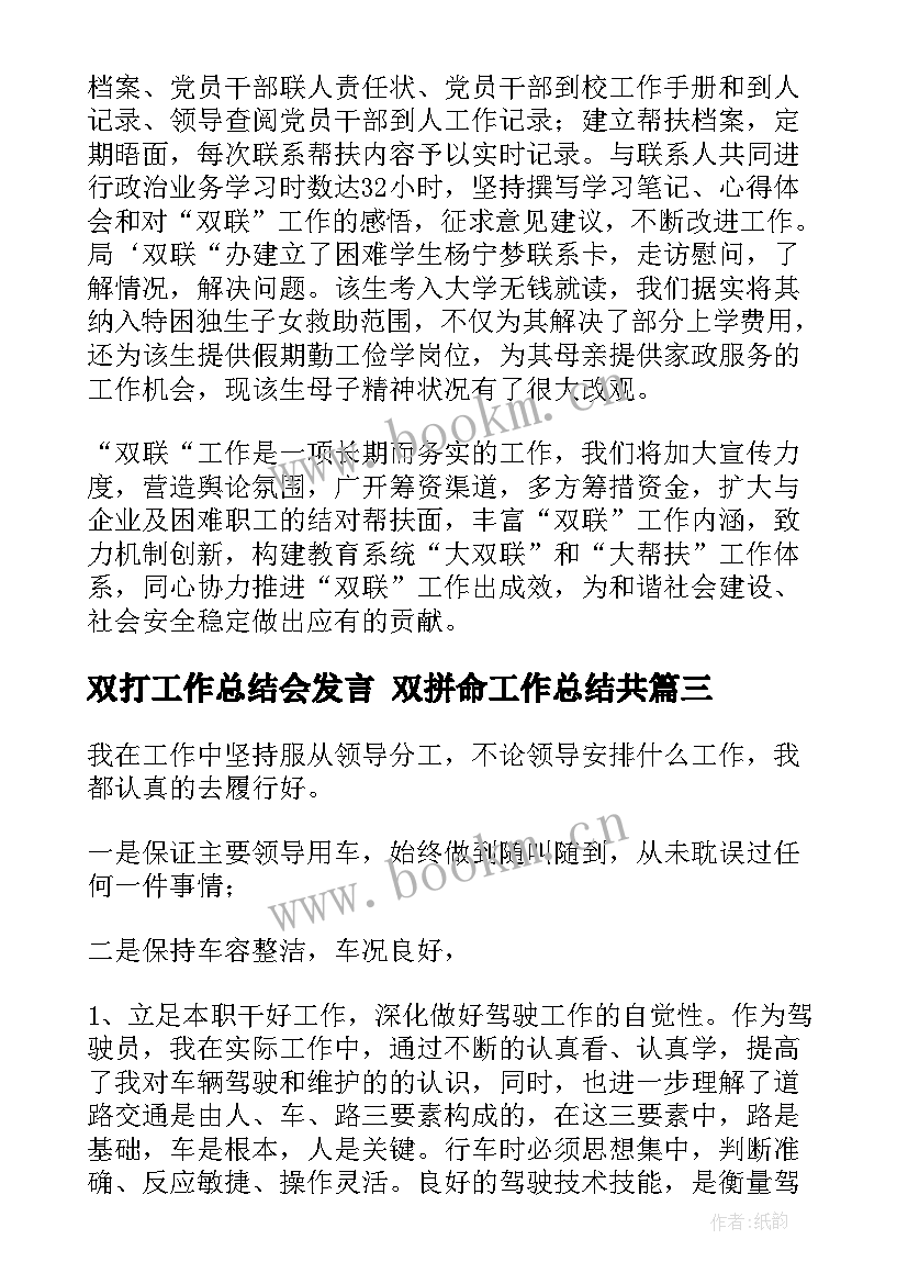 最新双打工作总结会发言 双拼命工作总结共(优秀5篇)