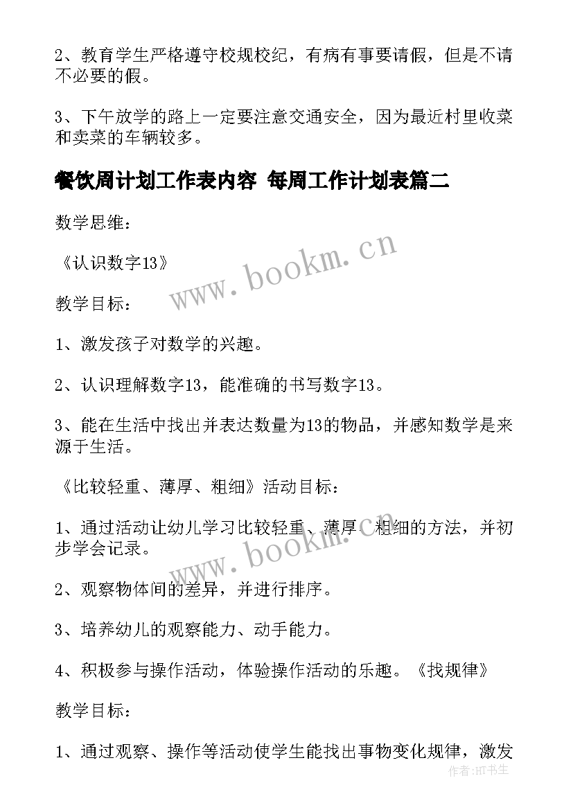 最新餐饮周计划工作表内容 每周工作计划表(通用7篇)