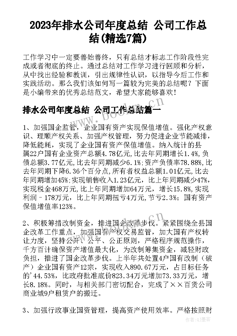 2023年排水公司年度总结 公司工作总结(精选7篇)