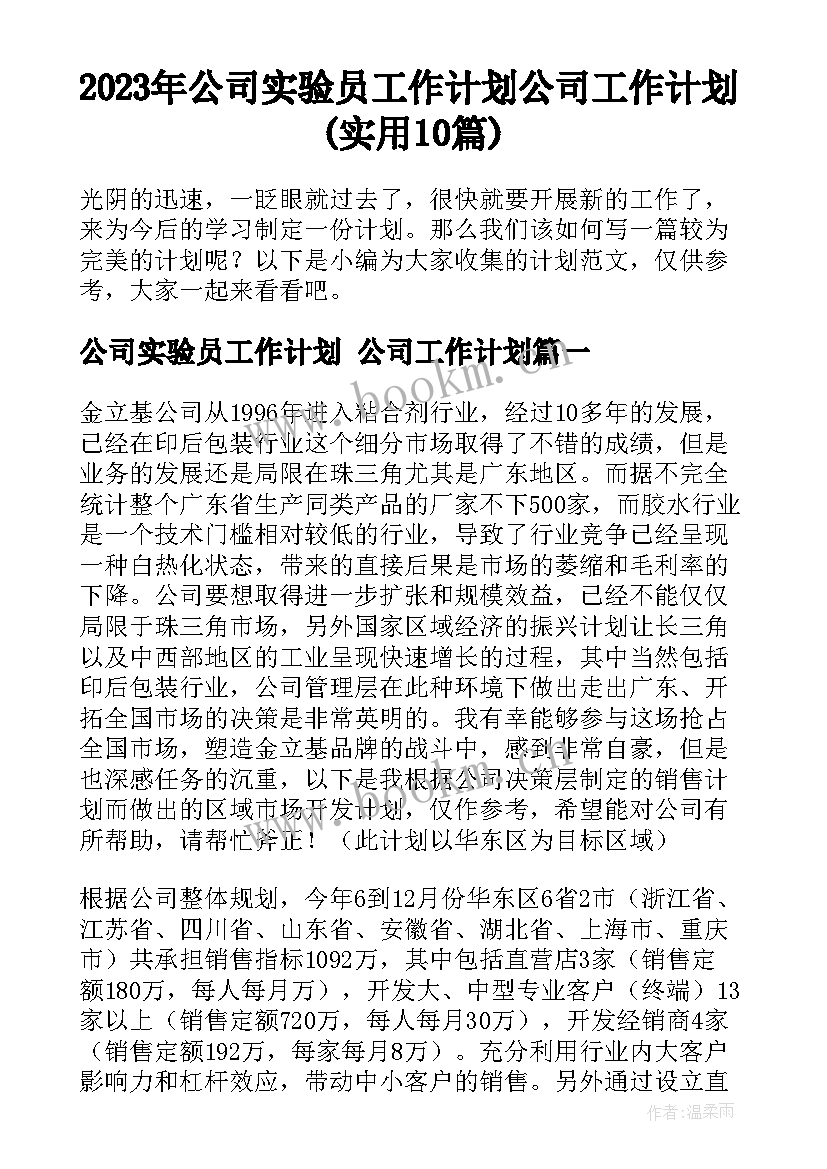 2023年公司实验员工作计划 公司工作计划(实用10篇)