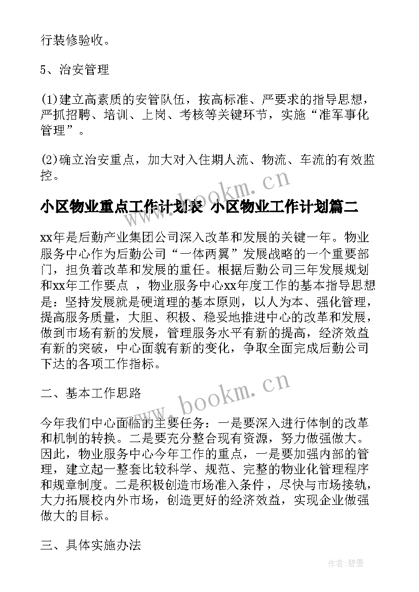 2023年小区物业重点工作计划表 小区物业工作计划(大全9篇)