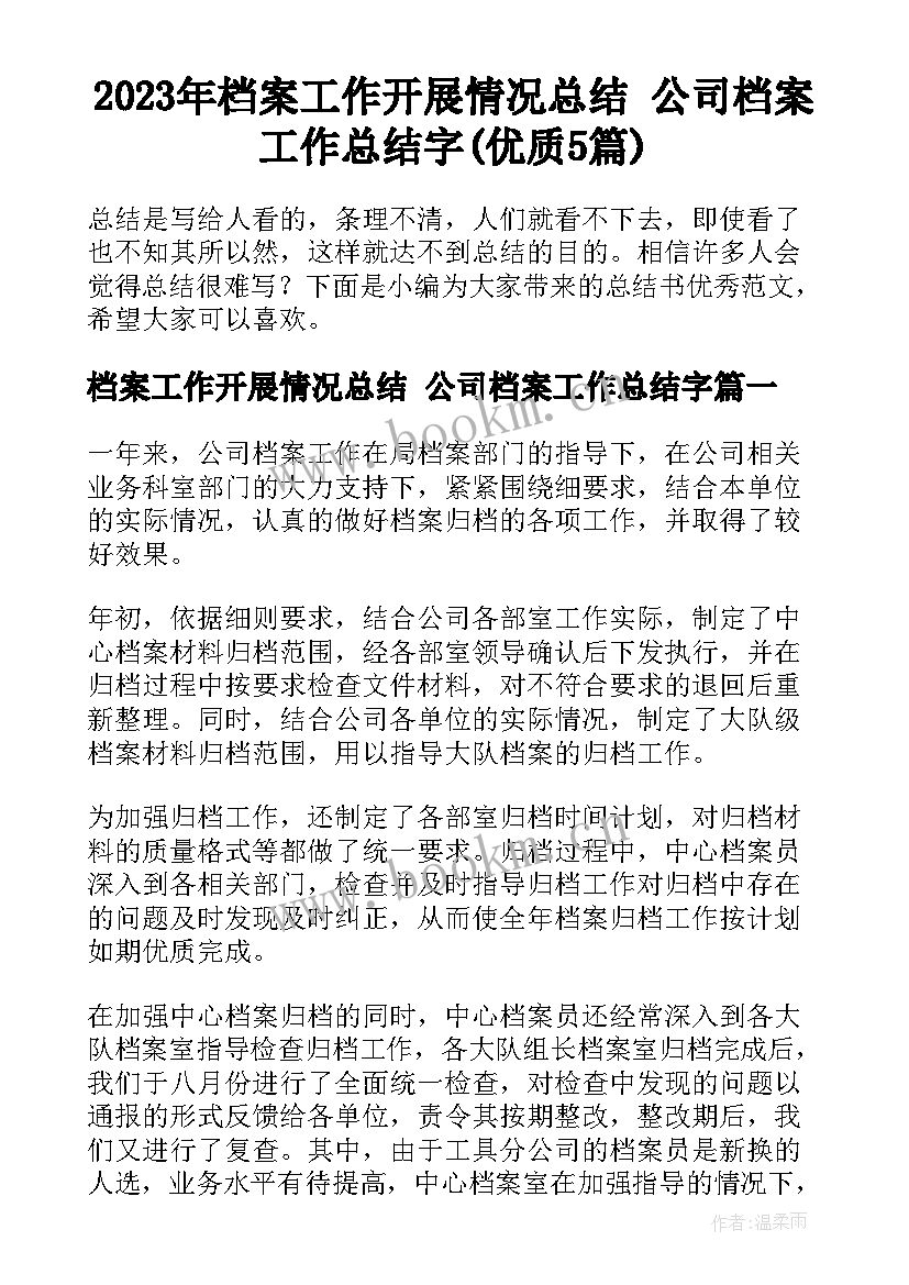 2023年档案工作开展情况总结 公司档案工作总结字(优质5篇)