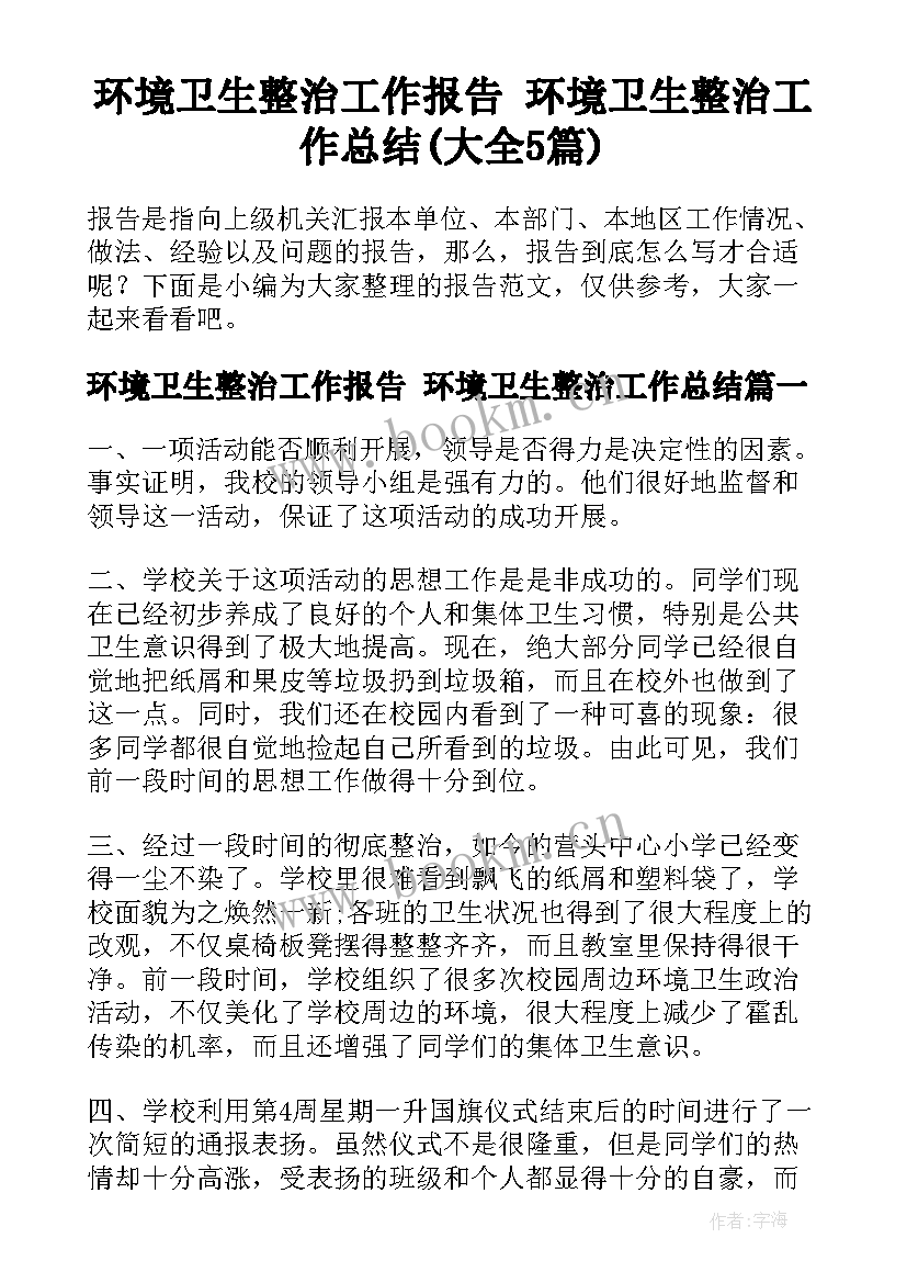 环境卫生整治工作报告 环境卫生整治工作总结(大全5篇)