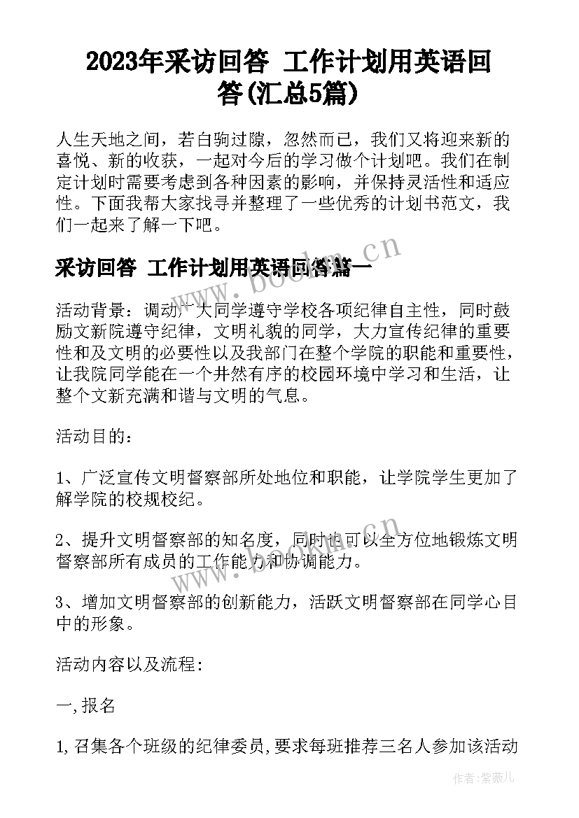 2023年采访回答 工作计划用英语回答(汇总5篇)