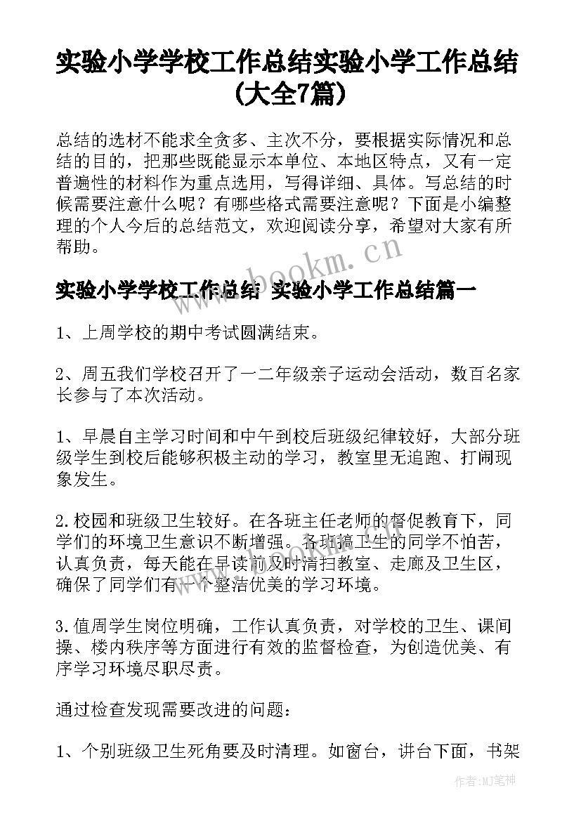 实验小学学校工作总结 实验小学工作总结(大全7篇)