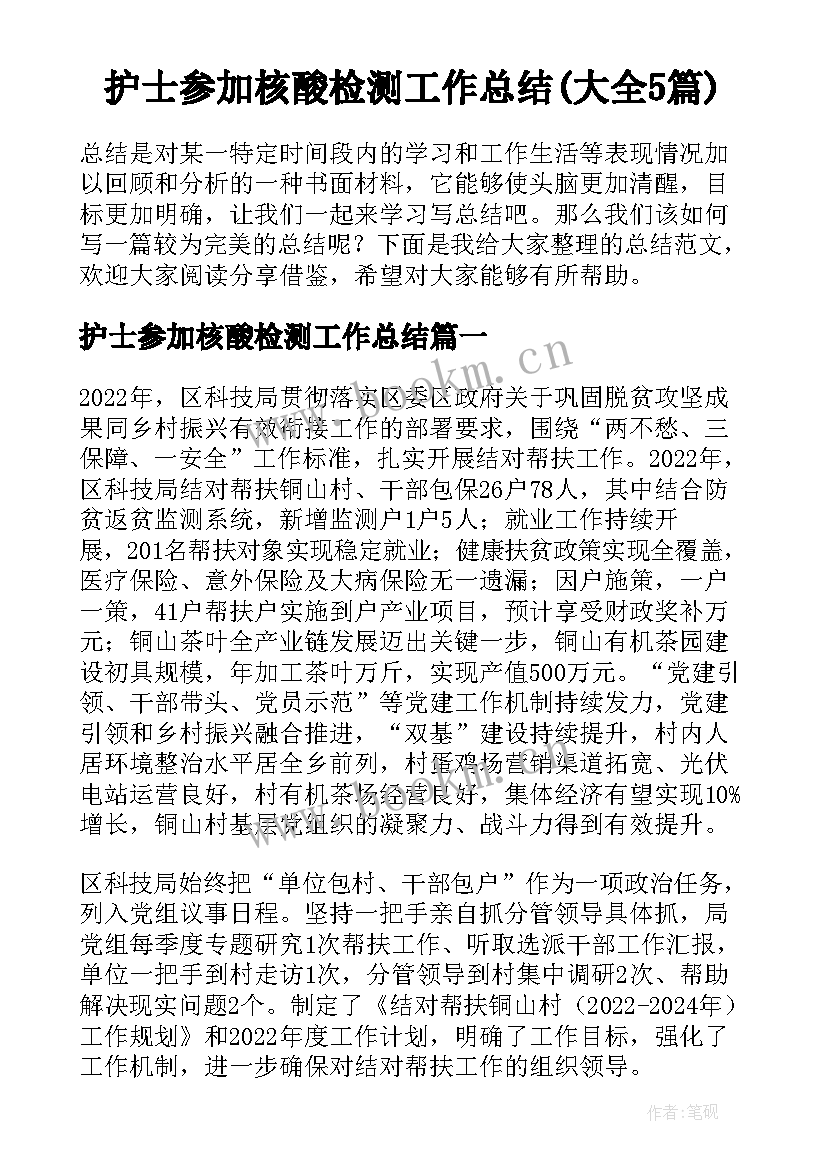 护士参加核酸检测工作总结(大全5篇)