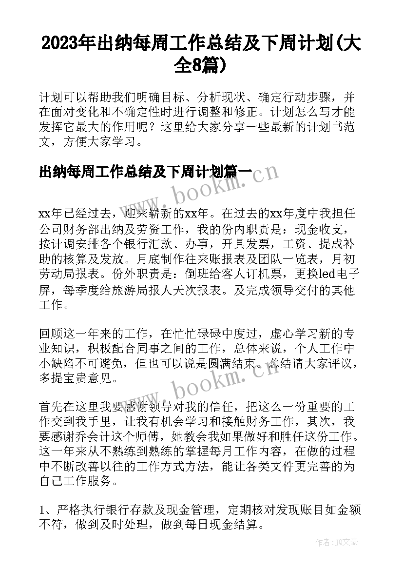 2023年出纳每周工作总结及下周计划(大全8篇)