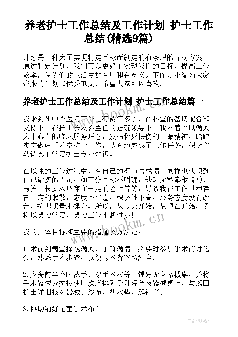 养老护士工作总结及工作计划 护士工作总结(精选9篇)