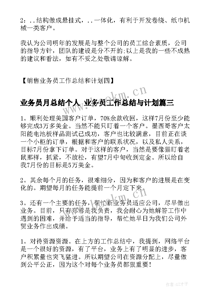 业务员月总结个人 业务员工作总结与计划(模板5篇)