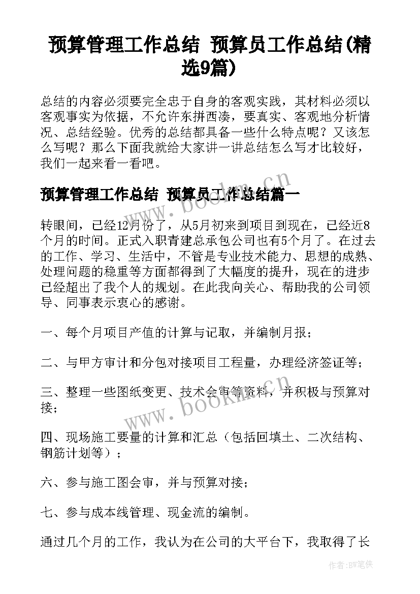 预算管理工作总结 预算员工作总结(精选9篇)