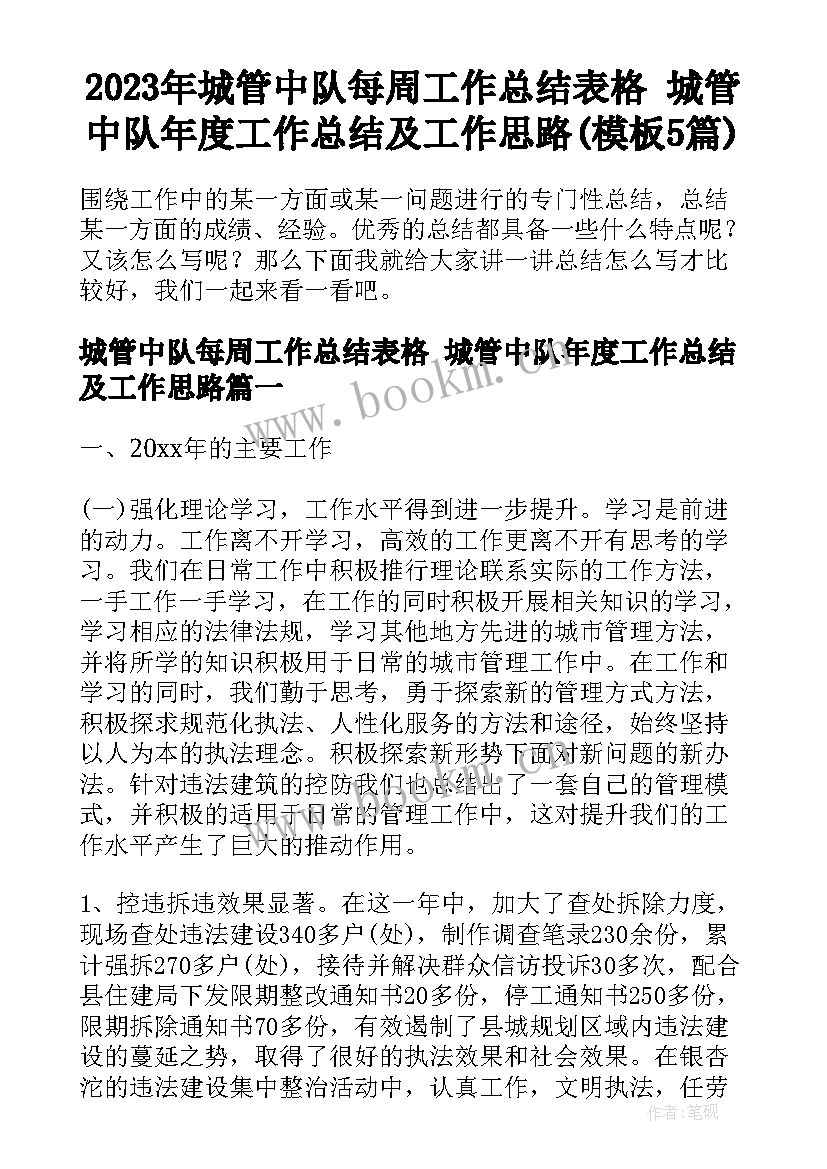 2023年城管中队每周工作总结表格 城管中队年度工作总结及工作思路(模板5篇)